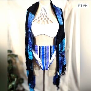 Swimsuit+Sarang blue dolphin, white top+ stripe blue white bottom, 2 Pc suit, 10